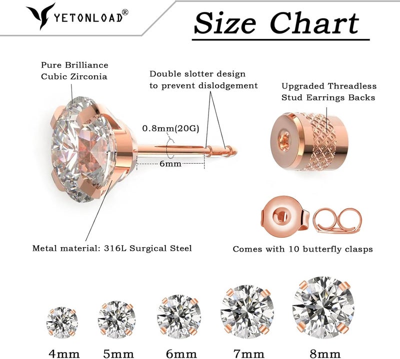 Yetonload 5-6 pairs Push-in Flat Back Stud Earrings Hypoallergenic Surgical Stainless Steel Cubic Zirconia Earrings Studs Set Multi-Pack, CZ Stud Earrings for Women Men Trendy Cartilage Stud Earrings 2-8mm - Image 2